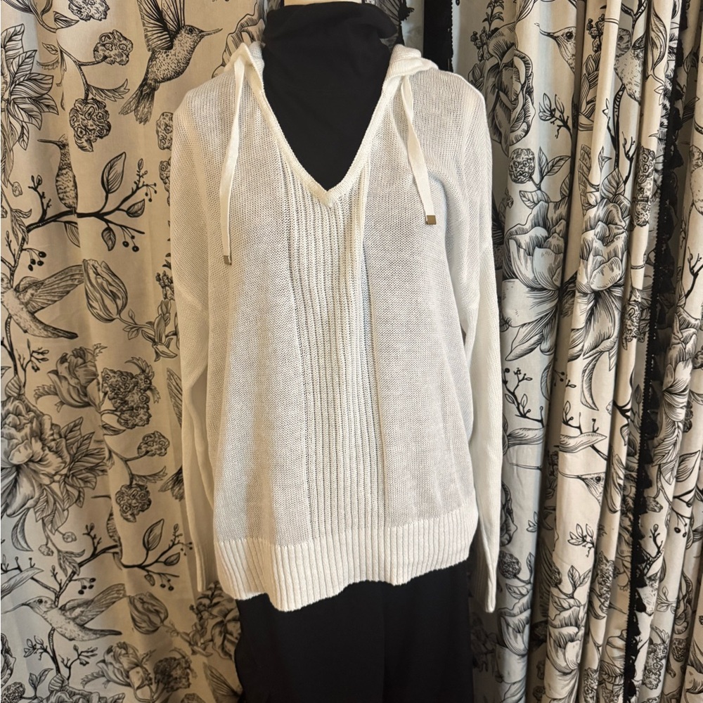 Sigrid Olsen Cream V-Neck Hooded Sweater